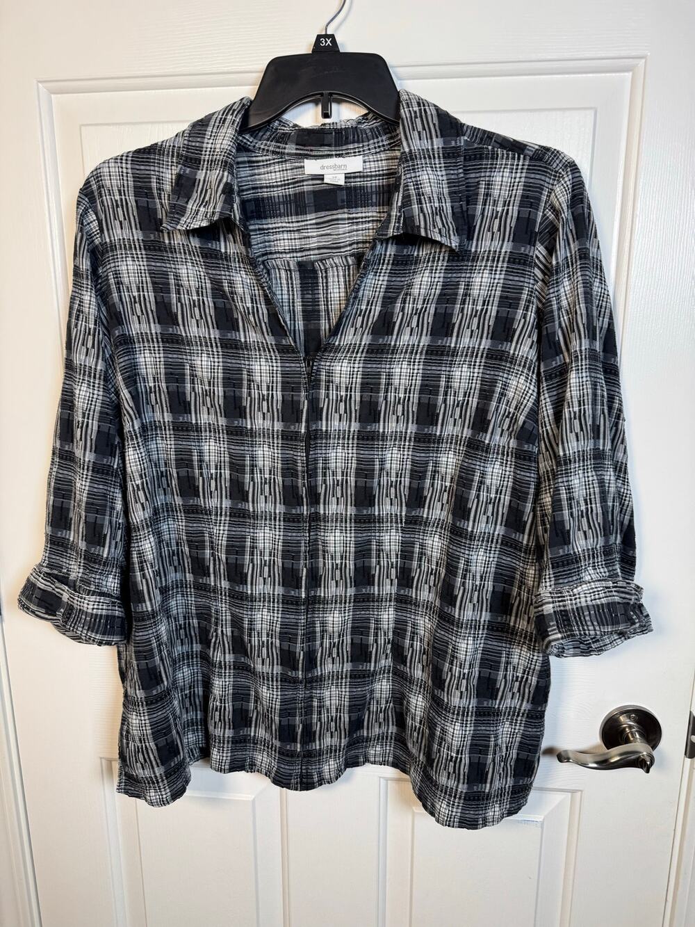 Dressbarn Full Zip 3/4 Sleeve Cotton Blend Blouse Black White Plaid Plus 3X